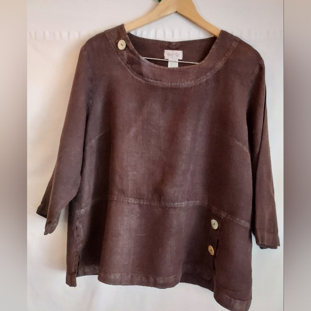 Mosaic  chocolate brown linen top, sz M